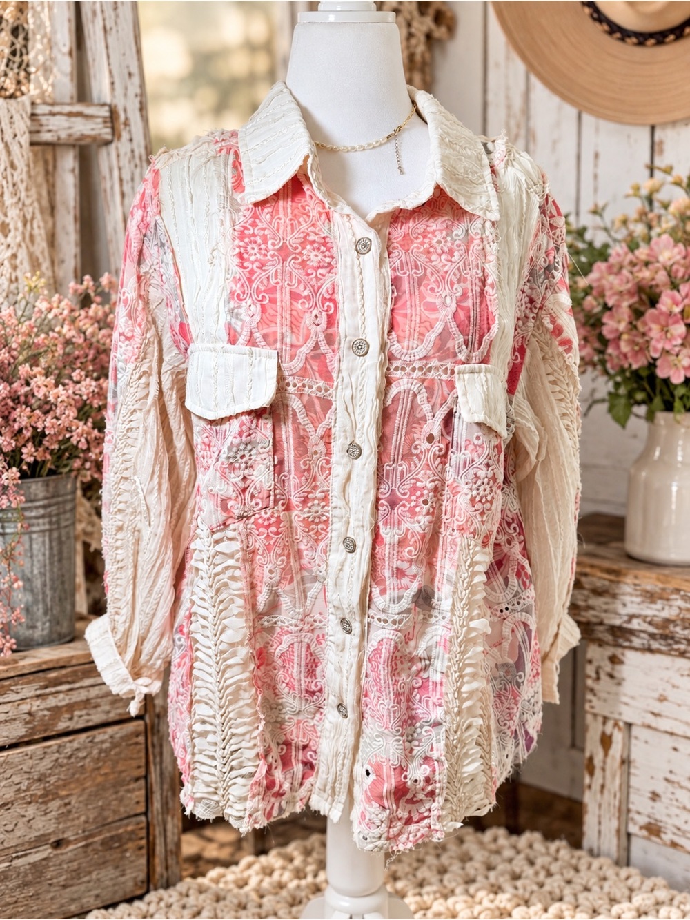 POL Pink & Cream Lace-Detail Button Down Shirt